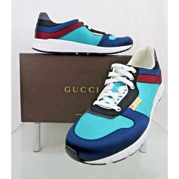 GUCCI 336613 COLORBLOCK BLUE GUCCI LOGO SATIN SNEAKERS TRAINERS 11.5 US 12.5 - Picture 1 of 12